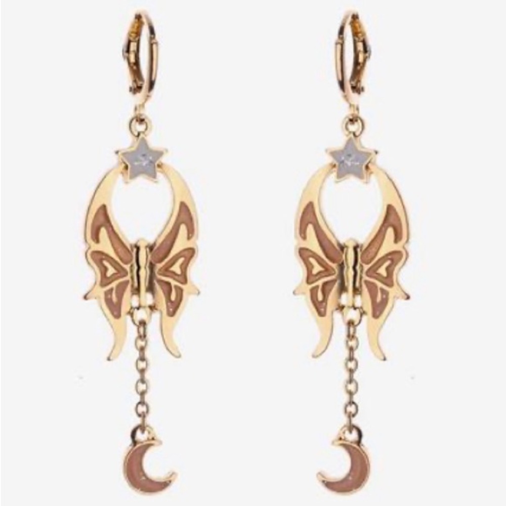 Hot Topic fairy moon hoop earrings gold alloy pink enamel